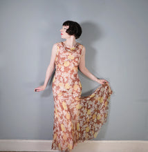 Load image into Gallery viewer, 30s SHEER BROWN BIAS CUT FLORAL CHIFFON MAXI DRESS - S-M