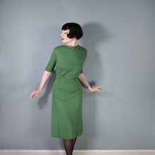 Load image into Gallery viewer, 60s SOFT GREEN WOOL FITTED DRESS WITH NECK BOW AND BACK BUTTONING - M