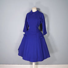 Load image into Gallery viewer, 50s JONATHAN LOGAN ROYAL BLUE WOOL FIT AND FLARE DRESS WITH BOWS - S