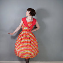Load image into Gallery viewer, 50s BRIGHT RED AND YELLOW FLORAL FULL SKIRTED COTTON DRESS - S-M