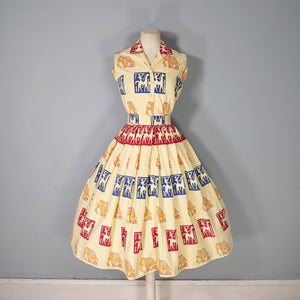 50s BRIGHT WARM YELLOW INDIAN ELEPHANT BLOCK PRINT COTTON DRESS - XS