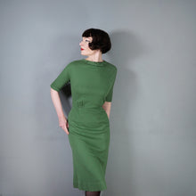 Load image into Gallery viewer, 60s SOFT GREEN WOOL FITTED DRESS WITH NECK BOW AND BACK BUTTONING - M