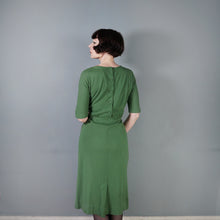 Load image into Gallery viewer, 60s SOFT GREEN WOOL FITTED DRESS WITH NECK BOW AND BACK BUTTONING - M
