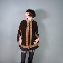 Load image into Gallery viewer, 60s 70s BROWN AND TAN SUEDE FESTIVAL CAPE WITH PUNCHED PATTERNS - S