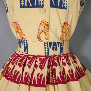 50s BRIGHT WARM YELLOW INDIAN ELEPHANT BLOCK PRINT COTTON DRESS - XS