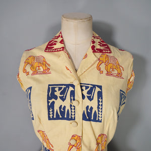 50s BRIGHT WARM YELLOW INDIAN ELEPHANT BLOCK PRINT COTTON DRESS - XS
