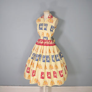 50s BRIGHT WARM YELLOW INDIAN ELEPHANT BLOCK PRINT COTTON DRESS - XS