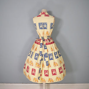 50s BRIGHT WARM YELLOW INDIAN ELEPHANT BLOCK PRINT COTTON DRESS - XS