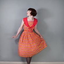 Load image into Gallery viewer, 50s BRIGHT RED AND YELLOW FLORAL FULL SKIRTED COTTON DRESS - S-M