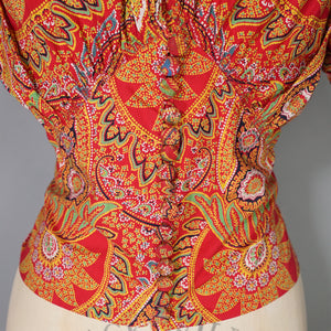 40s 50s RED PRINTED COTTON SUN BLOUSE WITH PUFF SLEEVE - S-M