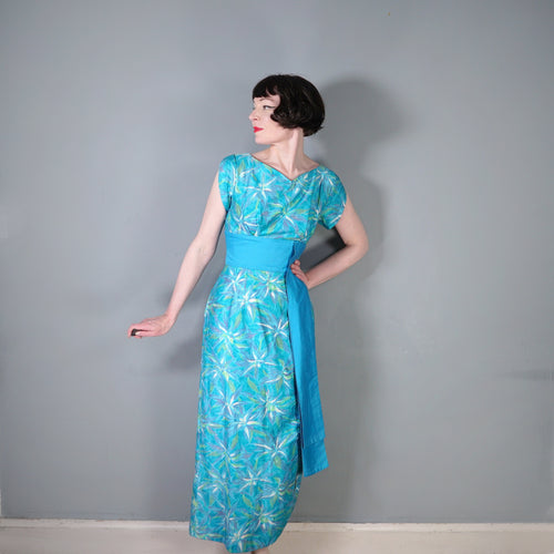 60s HAWAIIAN TIKI TURQUOISE FLORAL MAXI PILLAR DRESS WITH SASH - S