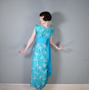 60s HAWAIIAN TIKI TURQUOISE FLORAL MAXI PILLAR DRESS WITH SASH - S