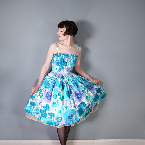 50s TAILORED FRENCH FLORAL FULL SKIRTED FLORAL SUN DRESS - XS-S