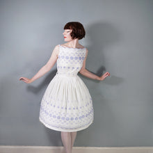 Load image into Gallery viewer, 50s BLUE AND WHITE EMBROIDERED COTTON SUN DRESS WITH FULL SKIRT -
