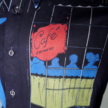 Load image into Gallery viewer, 70s BLACK VICTORIAN CAFE SCENE NOVELTY NYLON SHIRT - M