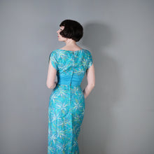 Load image into Gallery viewer, 60s HAWAIIAN TIKI TURQUOISE FLORAL MAXI PILLAR DRESS WITH SASH - S