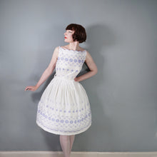 Load image into Gallery viewer, 50s BLUE AND WHITE EMBROIDERED COTTON SUN DRESS WITH FULL SKIRT -
