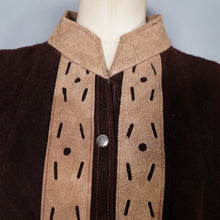 Load image into Gallery viewer, 60s 70s BROWN AND TAN SUEDE FESTIVAL CAPE WITH PUNCHED PATTERNS - S