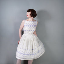 Load image into Gallery viewer, 50s BLUE AND WHITE EMBROIDERED COTTON SUN DRESS WITH FULL SKIRT -