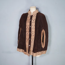 Load image into Gallery viewer, 60s 70s BROWN AND TAN SUEDE FESTIVAL CAPE WITH PUNCHED PATTERNS - S
