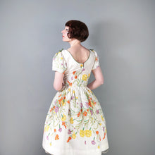 Load image into Gallery viewer, 50s WHITE AND YELLOW WILD MEADOW FLORAL COTTON DRESS - S