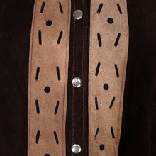 Load image into Gallery viewer, 60s 70s BROWN AND TAN SUEDE FESTIVAL CAPE WITH PUNCHED PATTERNS - S