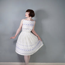 Load image into Gallery viewer, 50s BLUE AND WHITE EMBROIDERED COTTON SUN DRESS WITH FULL SKIRT -
