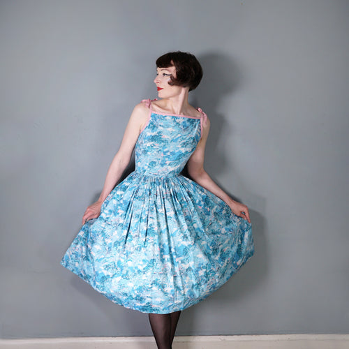 50s PASTEL BLUE AND PINK ASIAN LANDSCAPE PRINT STRAPPY FULL SKIRTED SUN DRESS