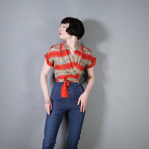 40s 50s LIGHT RED PURE SILK NOVELTY CAPRI FOLK PRINT TIE BOLERO / BLOUSE - S