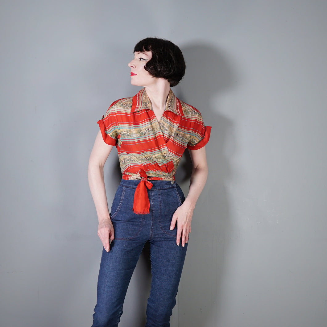 40s 50s LIGHT RED PURE SILK NOVELTY CAPRI FOLK PRINT TIE BOLERO / BLOUSE - S
