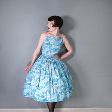 Load image into Gallery viewer, 50s PASTEL BLUE AND PINK ASIAN LANDSCAPE PRINT STRAPPY FULL SKIRTED SUN DRESS