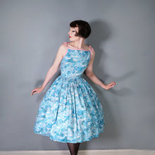 Load image into Gallery viewer, 50s PASTEL BLUE AND PINK ASIAN LANDSCAPE PRINT STRAPPY FULL SKIRTED SUN DRESS