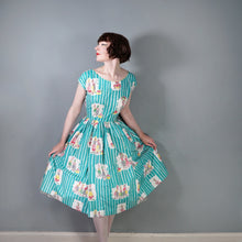 Load image into Gallery viewer, 50s GREEN NOVELTY PRINT FULL SKIRTED COTTON DAY DRESS - M