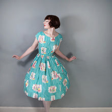 Load image into Gallery viewer, 50s GREEN NOVELTY PRINT FULL SKIRTED COTTON DAY DRESS - M