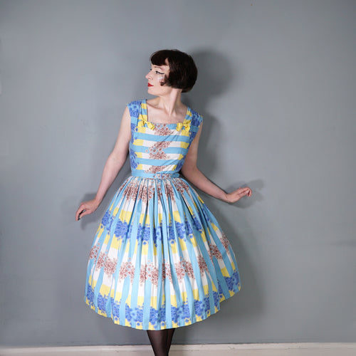 50s ALICE EDWARDS BLUE YELLOW FLORAL STRIPE COTTON DRESS - M