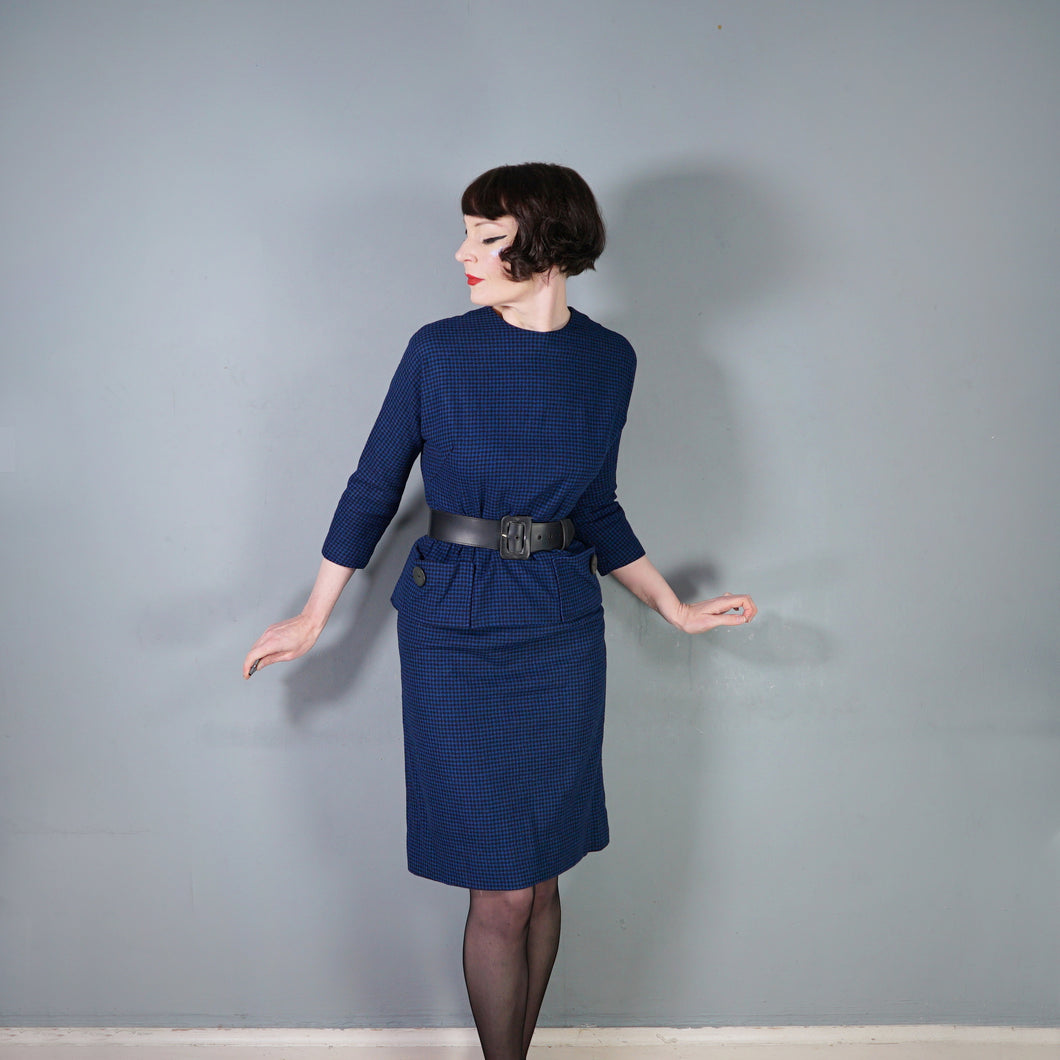 60s GAY GIBSON BLUE BLACK CHECK TWO PIECE SKIRT AND TOP / DRESS SUIT - S