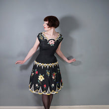 Load image into Gallery viewer, 40s 50s BLACK SILKY RAYON FLORAL EMBROIDERED MADEIRA / SPANISH DRESS - M