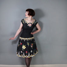 Load image into Gallery viewer, 40s 50s BLACK SILKY RAYON FLORAL EMBROIDERED MADEIRA / SPANISH DRESS - M