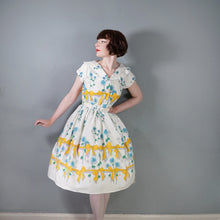 Load image into Gallery viewer, 60s YELLOW BOW AND BLUE ROSE PRINT FULL SKIRTED DRESS - S-M