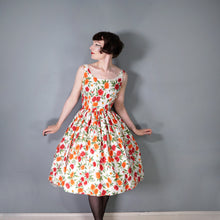 Load image into Gallery viewer, 50s WHITE RED AND ORANGE BUSHY FLORAL SUN DRESS WITH FULL SKIRT - S