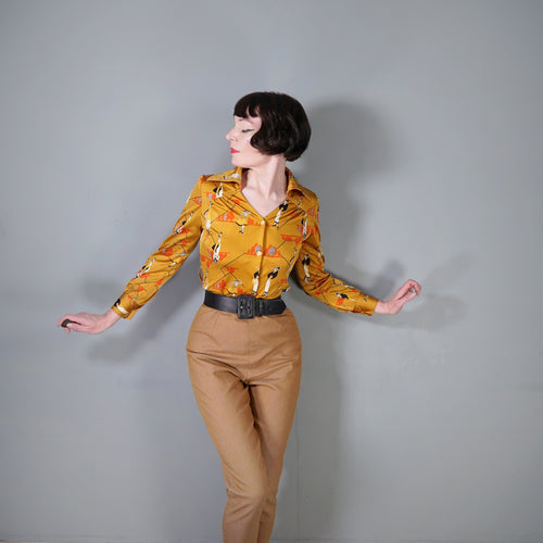 70s DARK YELLOW NOVELTY ART DECO LADY FASHION PRINT SHIRT - S