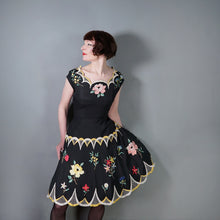 Load image into Gallery viewer, 40s 50s BLACK SILKY RAYON FLORAL EMBROIDERED MADEIRA / SPANISH DRESS - M