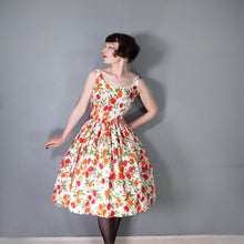 Load image into Gallery viewer, 50s WHITE RED AND ORANGE BUSHY FLORAL SUN DRESS WITH FULL SKIRT - S