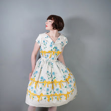 Load image into Gallery viewer, 60s YELLOW BOW AND BLUE ROSE PRINT FULL SKIRTED DRESS - S-M