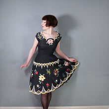 Load image into Gallery viewer, 40s 50s BLACK SILKY RAYON FLORAL EMBROIDERED MADEIRA / SPANISH DRESS - M