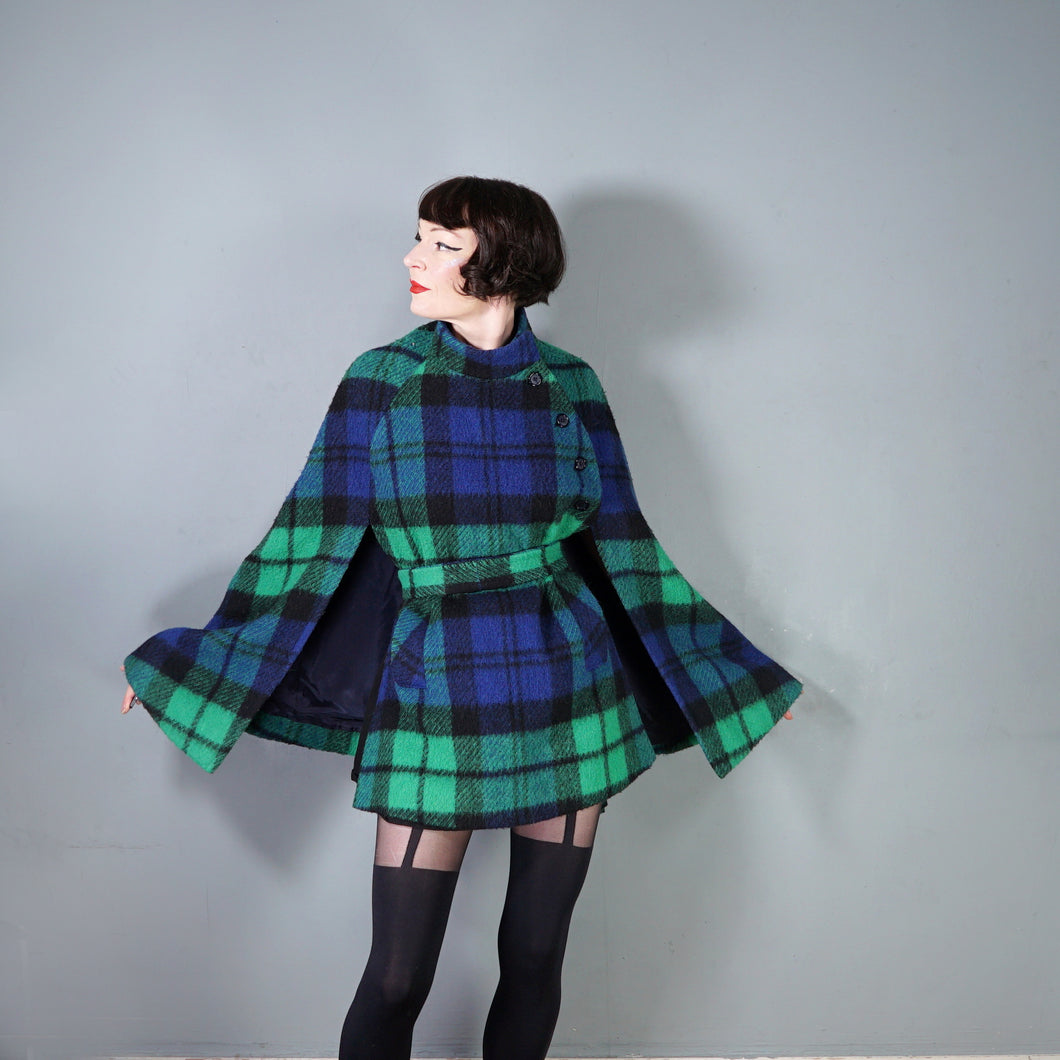 70s JIMMY HOURIHAN BLACK BLUE AND GREEN PLAID WOOL CAPE WITH BELT - S-M