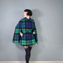 Load image into Gallery viewer, 70s JIMMY HOURIHAN BLACK BLUE AND GREEN PLAID WOOL CAPE WITH BELT - S-M