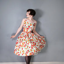 Load image into Gallery viewer, 50s WHITE RED AND ORANGE BUSHY FLORAL SUN DRESS WITH FULL SKIRT - S