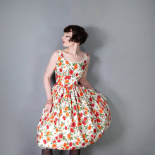 Load image into Gallery viewer, 50s WHITE RED AND ORANGE BUSHY FLORAL SUN DRESS WITH FULL SKIRT - S