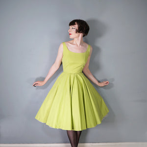 50s CHARTREUSE / PASTEL GREEN BACKLESS FULL CIRCLE DRESS - S